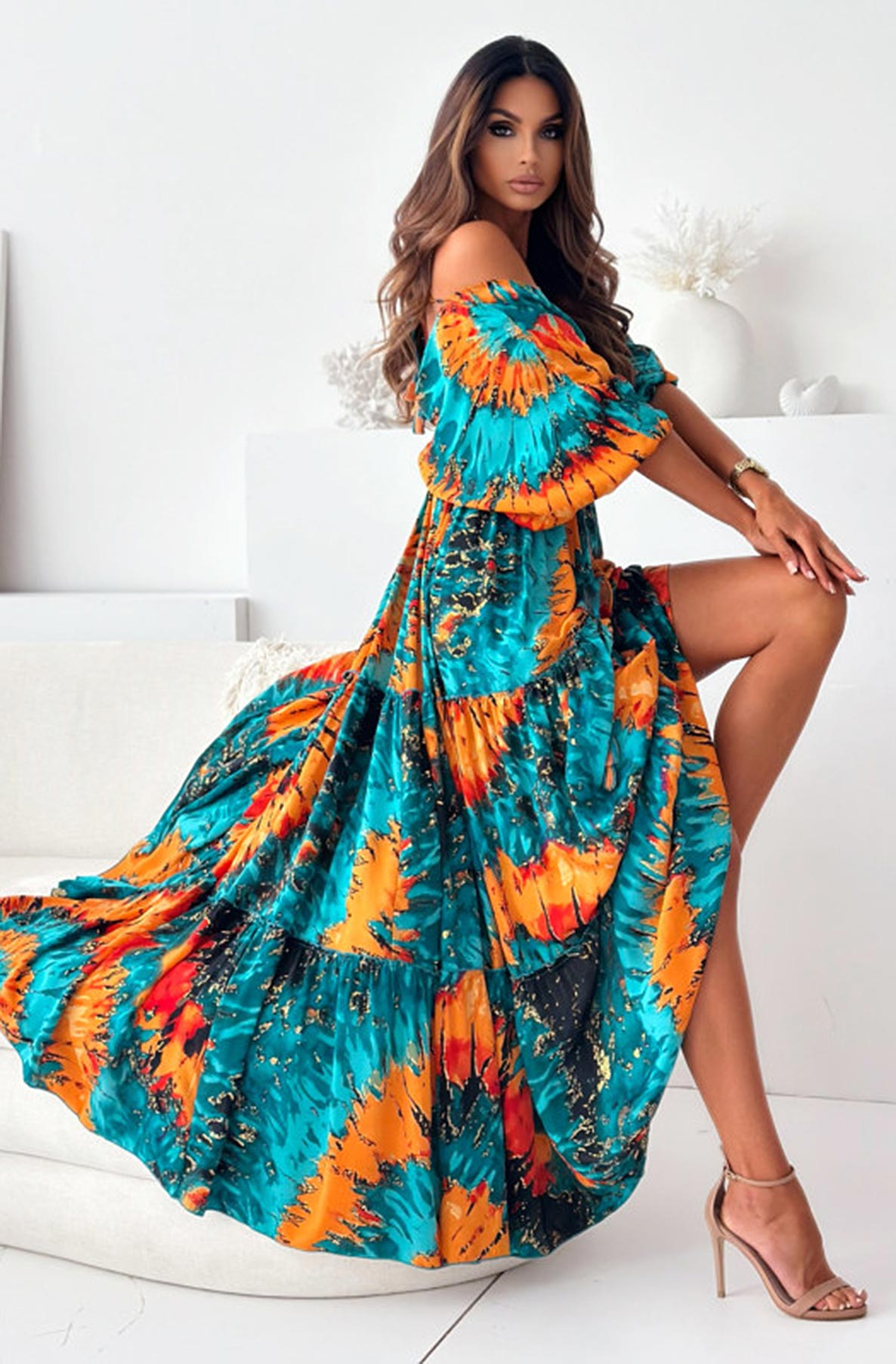 Zendaya Patterned Batwing Maxi Dress-Orange