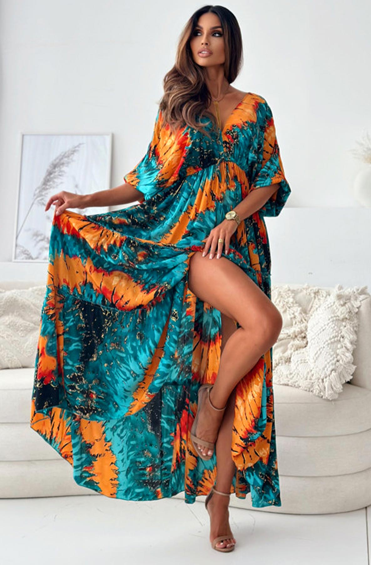 Zendaya Tie Dye Print Batwing Maxi Dress-Orange