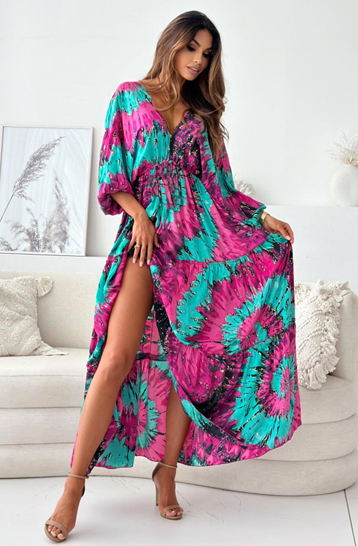 Zendaya Patterned Batwing Maxi Dress-Pink