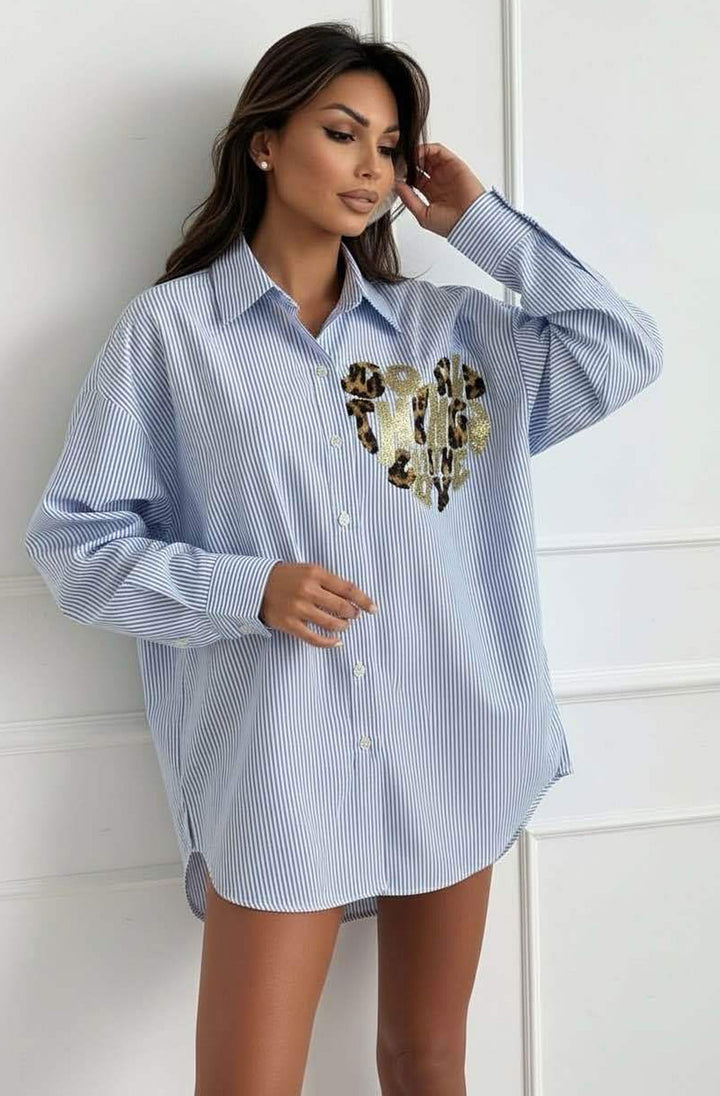 Zita Embellished Leopard Heart Stripe Shirt Top-Blue
