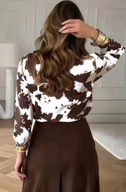 Zorah Animal Print Satin Shirt Blouse-Brown