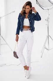 Zula Cropped Frayed Denim Jacket-Dark Blue