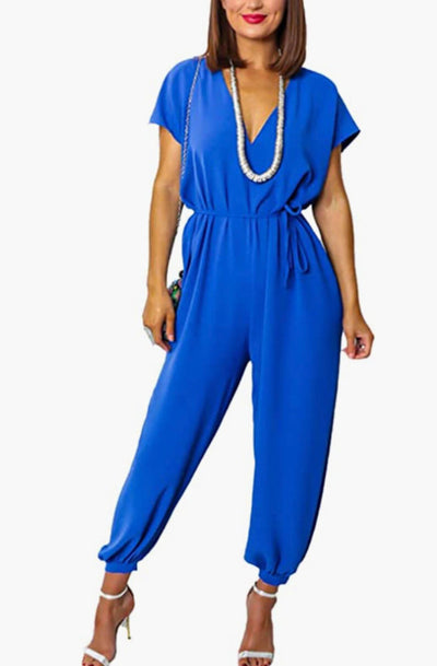 Ashanti Short Sleeve Belted Jumpsuit-Royal Blue