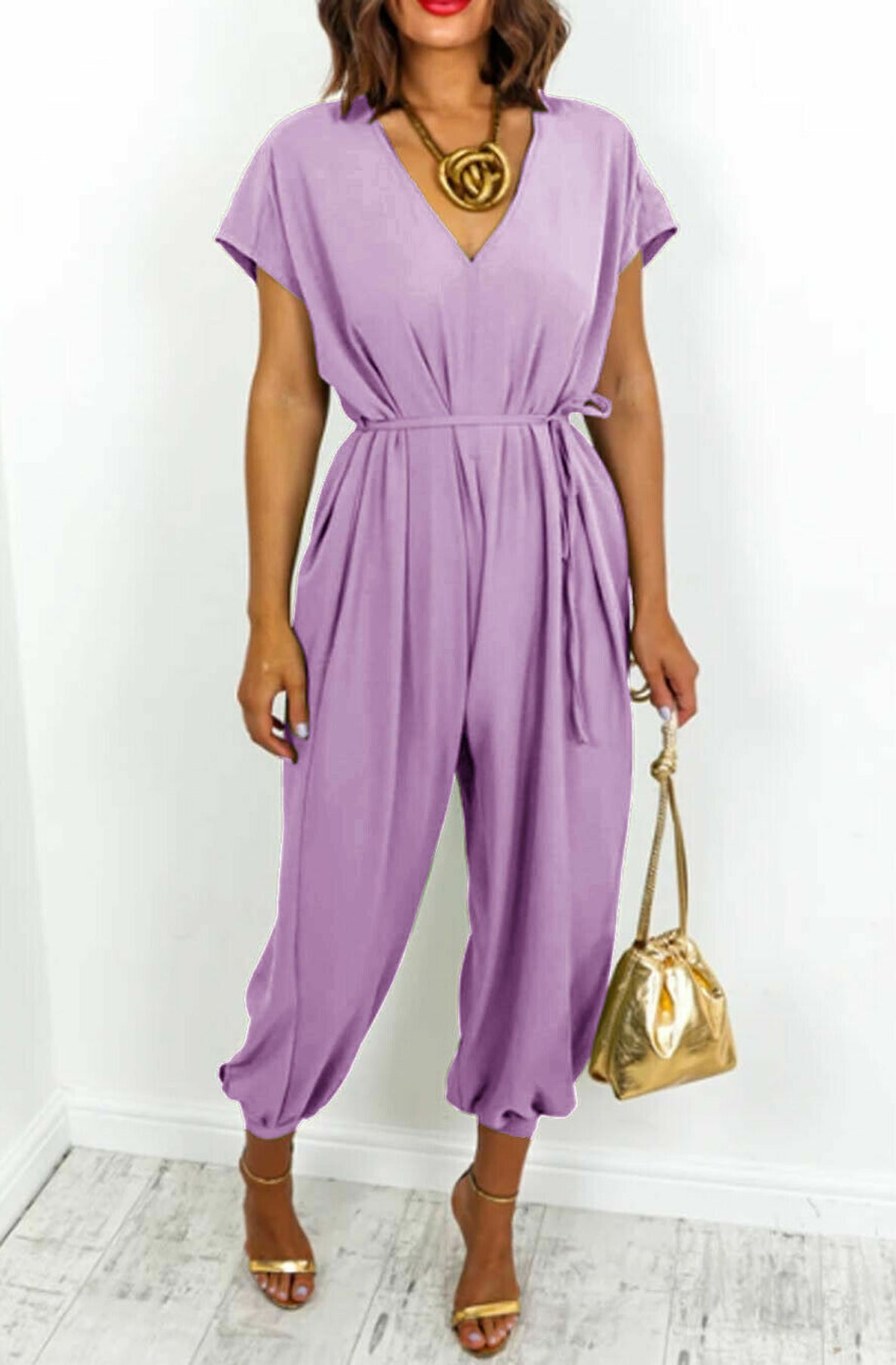 Ashanti Short Sleeve Belted Jumpsuit-Lilac