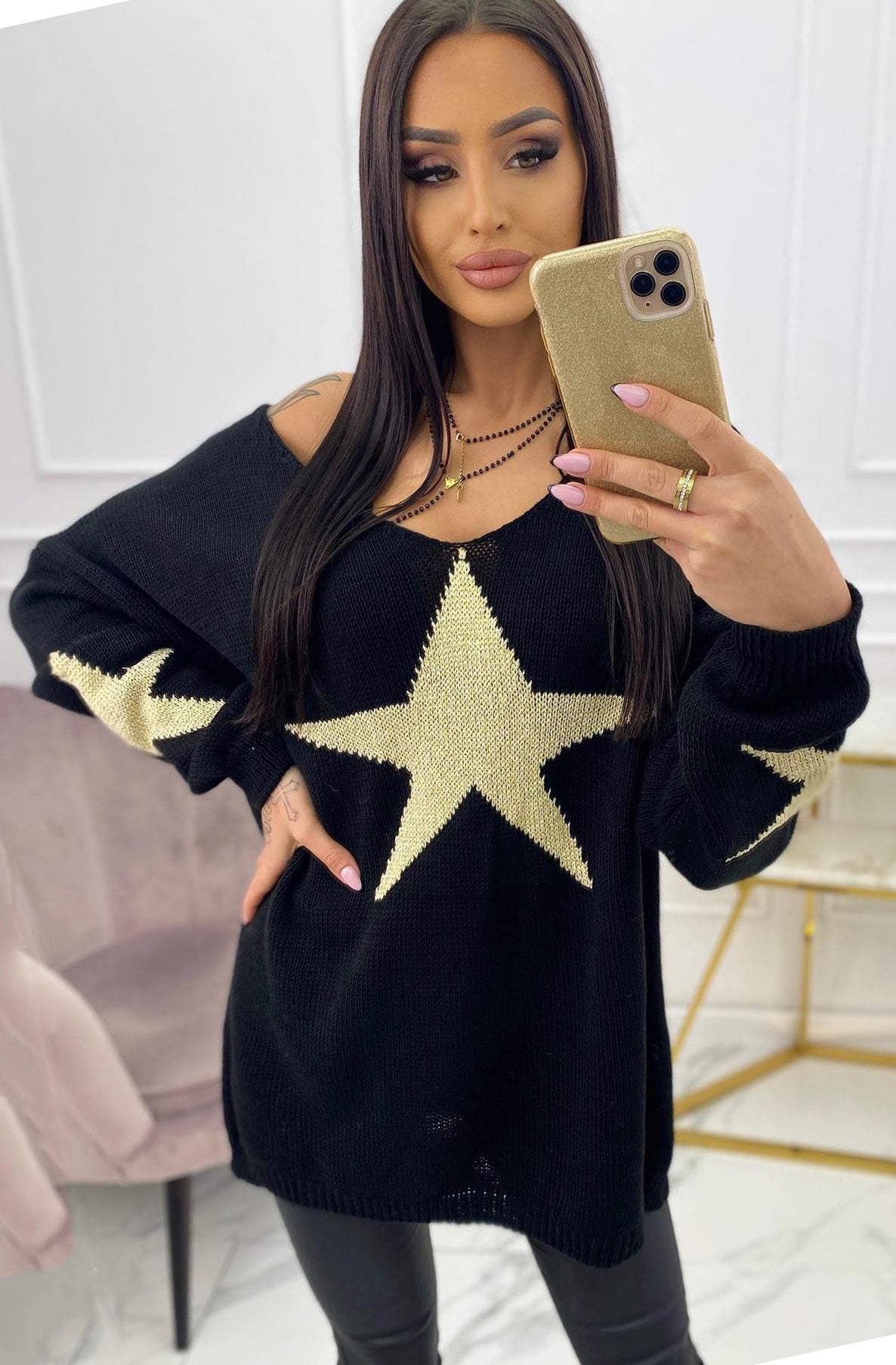 Bethany 'Star' Shimmer Knitted Jumper Top-Black
