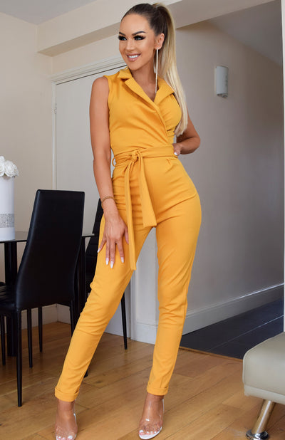 Elise Front Wrap Collared Jumpsuit-Mustard