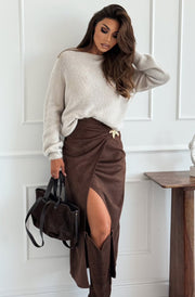 Livia Draped Suedette Split Midaxi Skirt-Chocolate