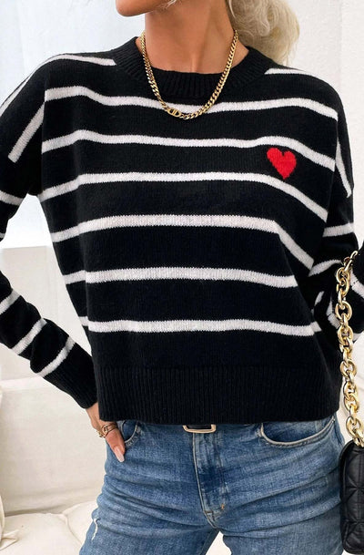 Sharika Striped Print Heart Knitted Jumper Top-Black