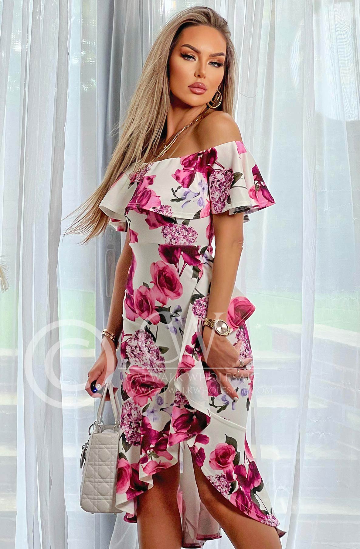 Alexia Floral Frill Bardot Dress-Pink