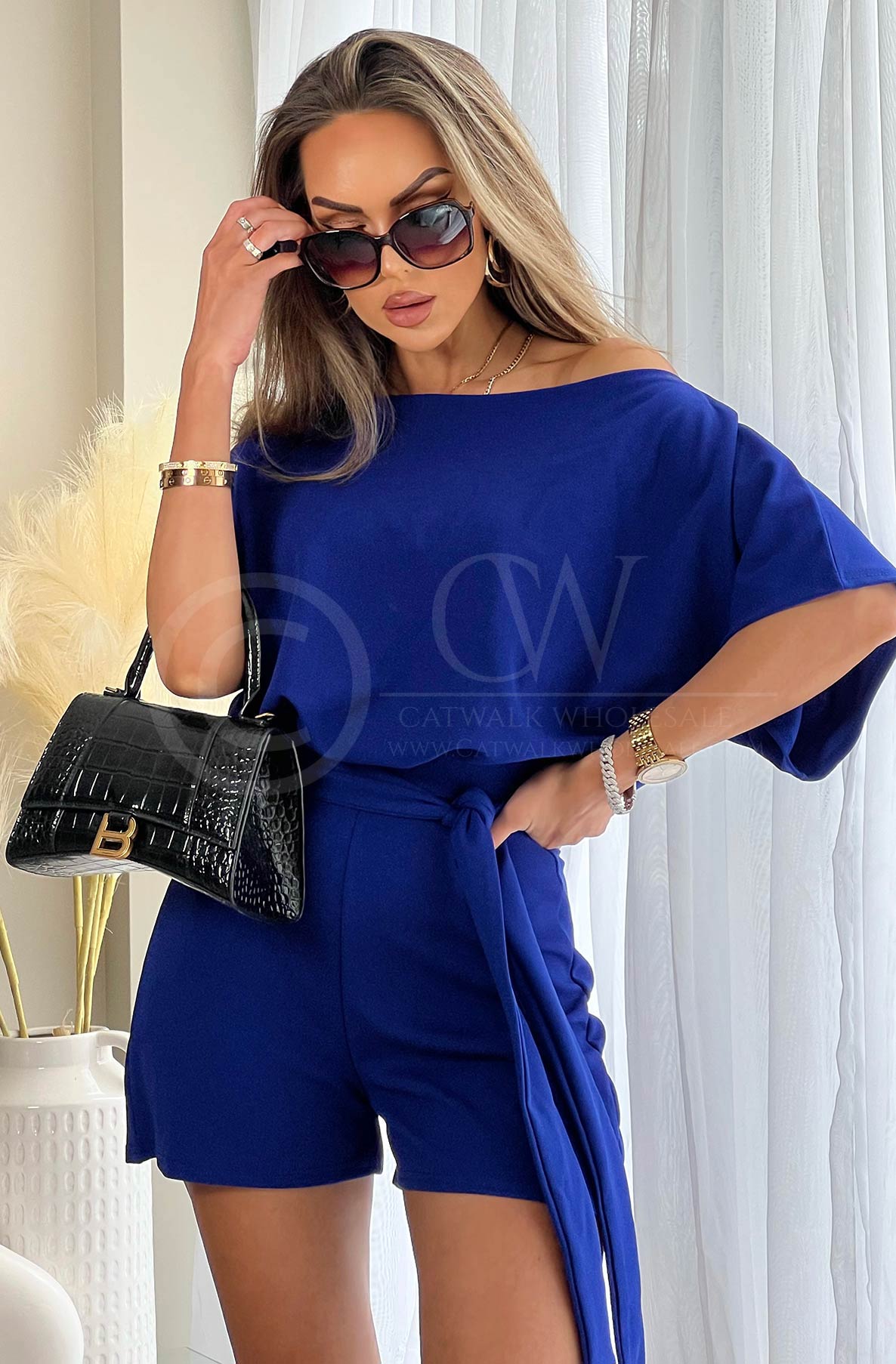 Judith Batwing Belted Playsuit-Royal Blue