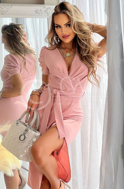 Lily Puffed Sleeves Front Wrap Dress-Dusty Pink