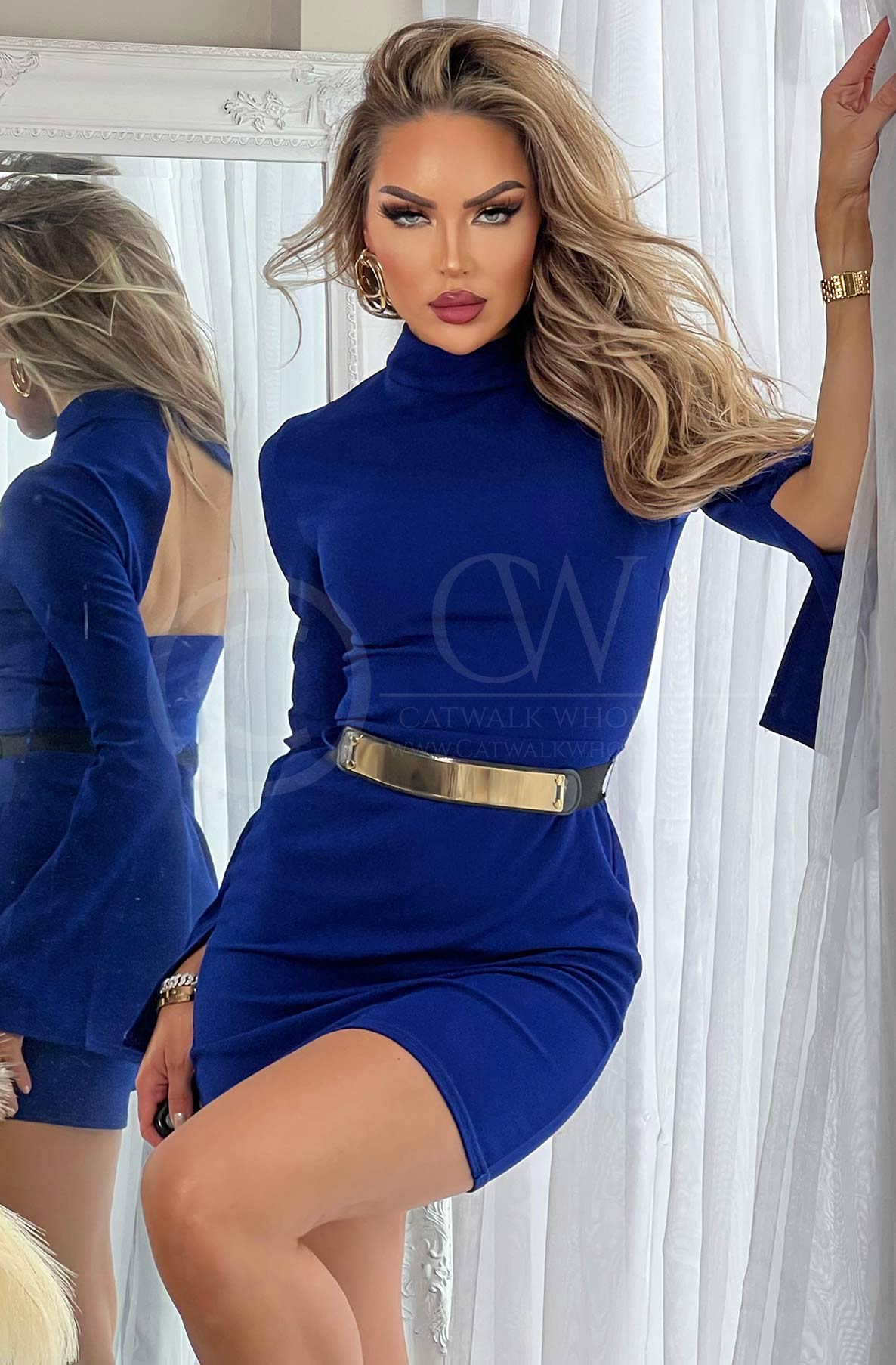 Luna Cut Out Slit Sleeve Mini Dress-Royal Blue