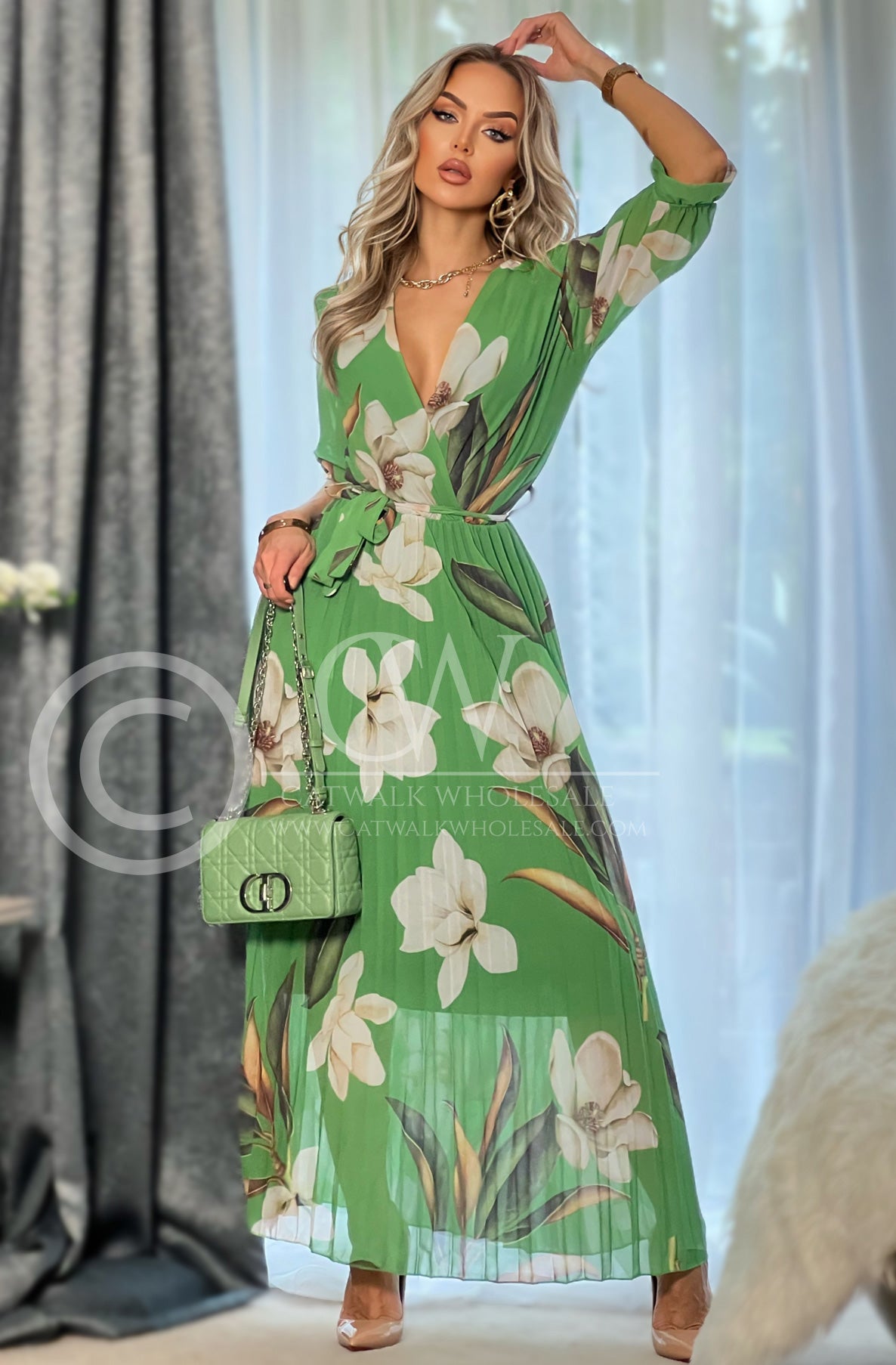 Zita Floral Chiffon Pleated Maxi Dress-Green