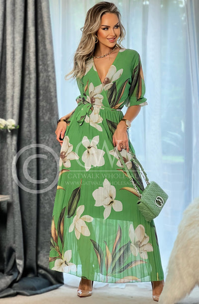 Zita Floral Chiffon Pleated Maxi Dress-Green