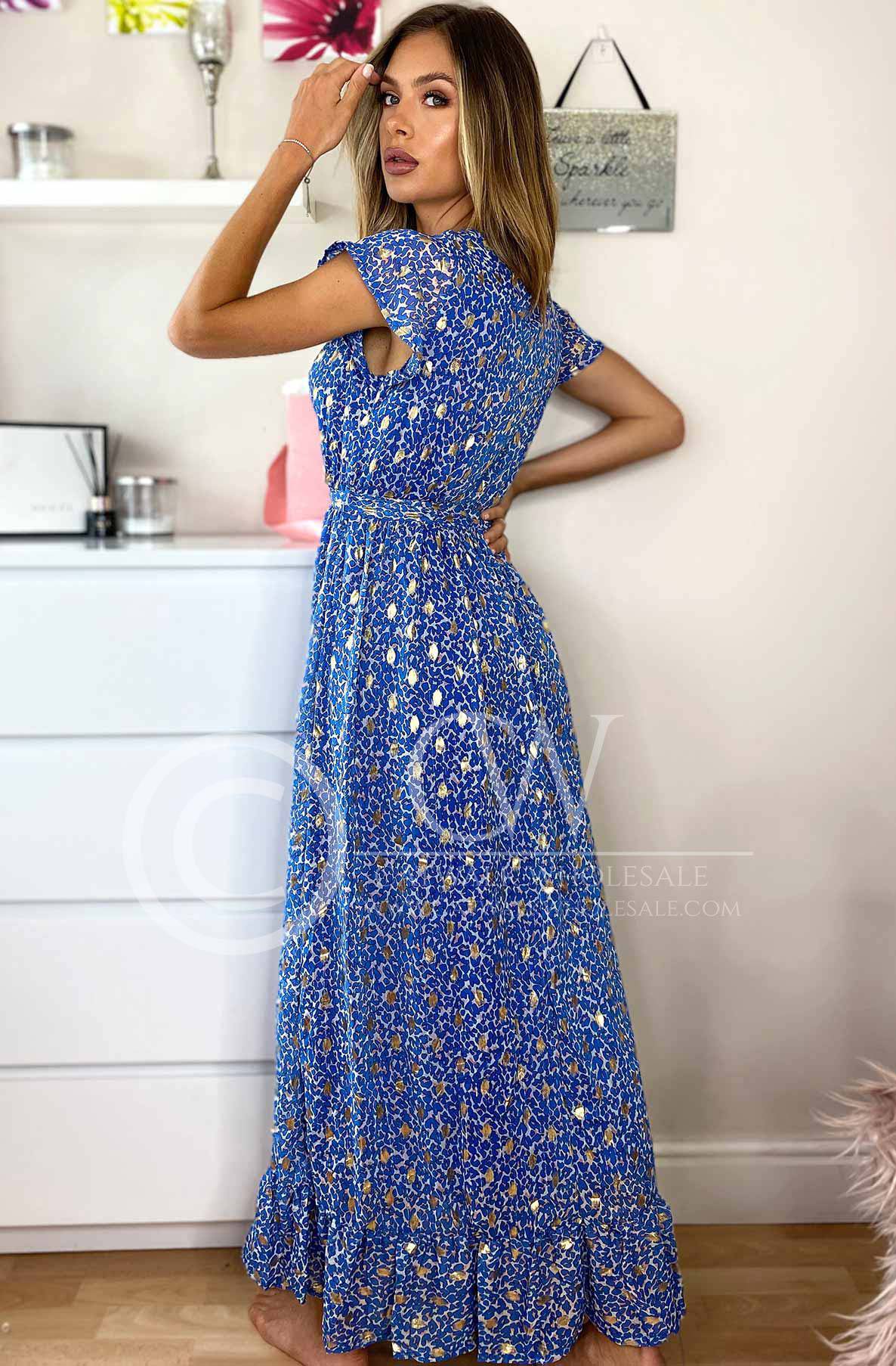 Elora Metallic Printed Maxi Dress-Royal Blue