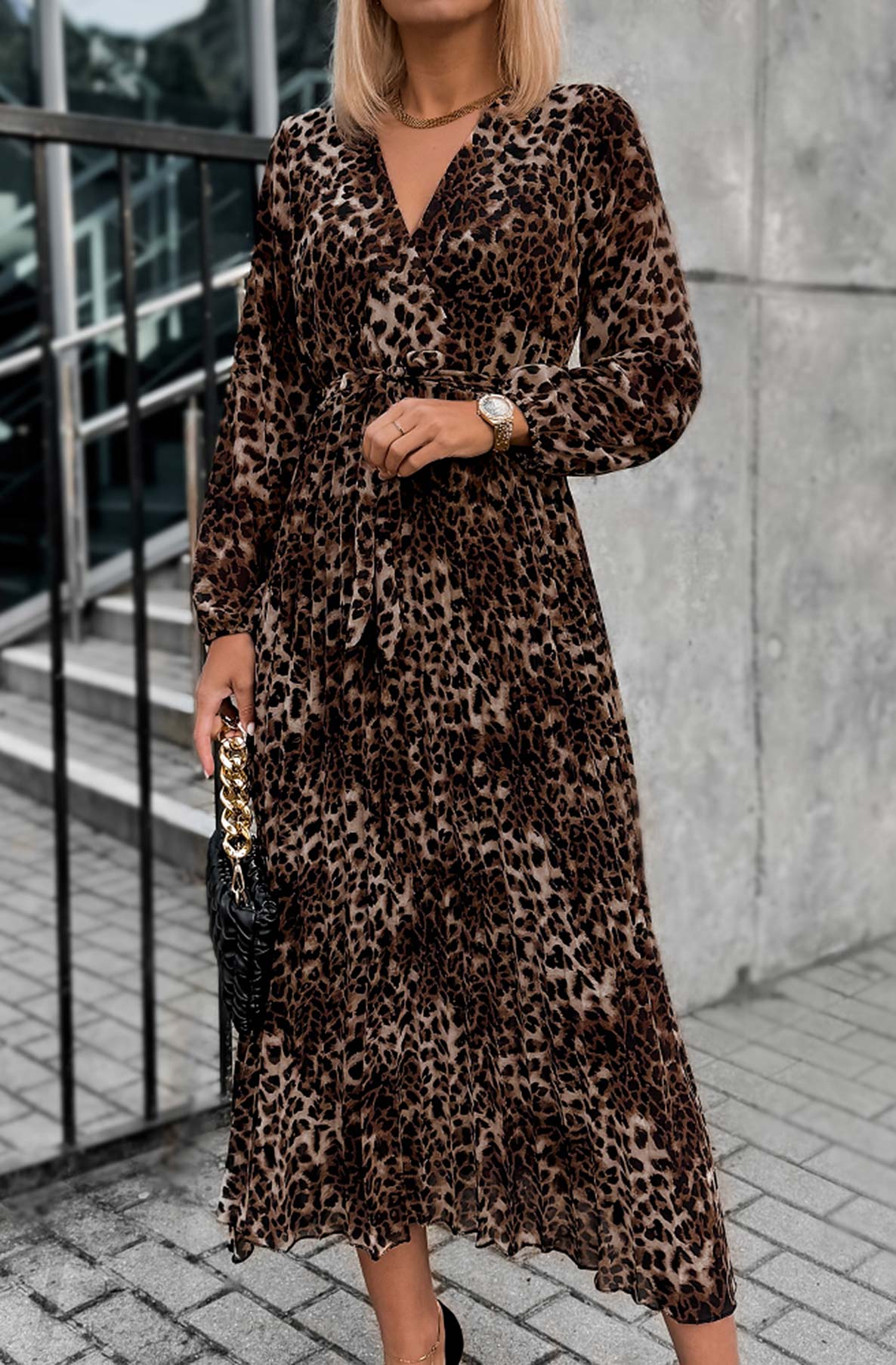 Zoe Leopard Printed Midaxi Dress-Brown