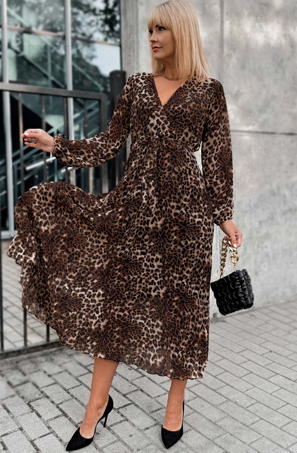 Zoe Leopard Printed Midaxi Dress-Brown