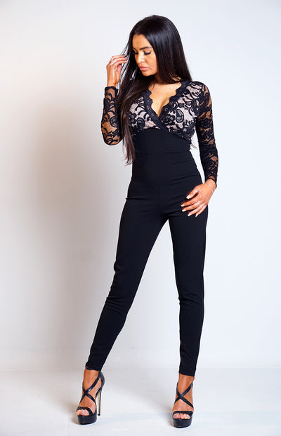 Zora Floral Lace Long Sleeves Jumpsuit-Black