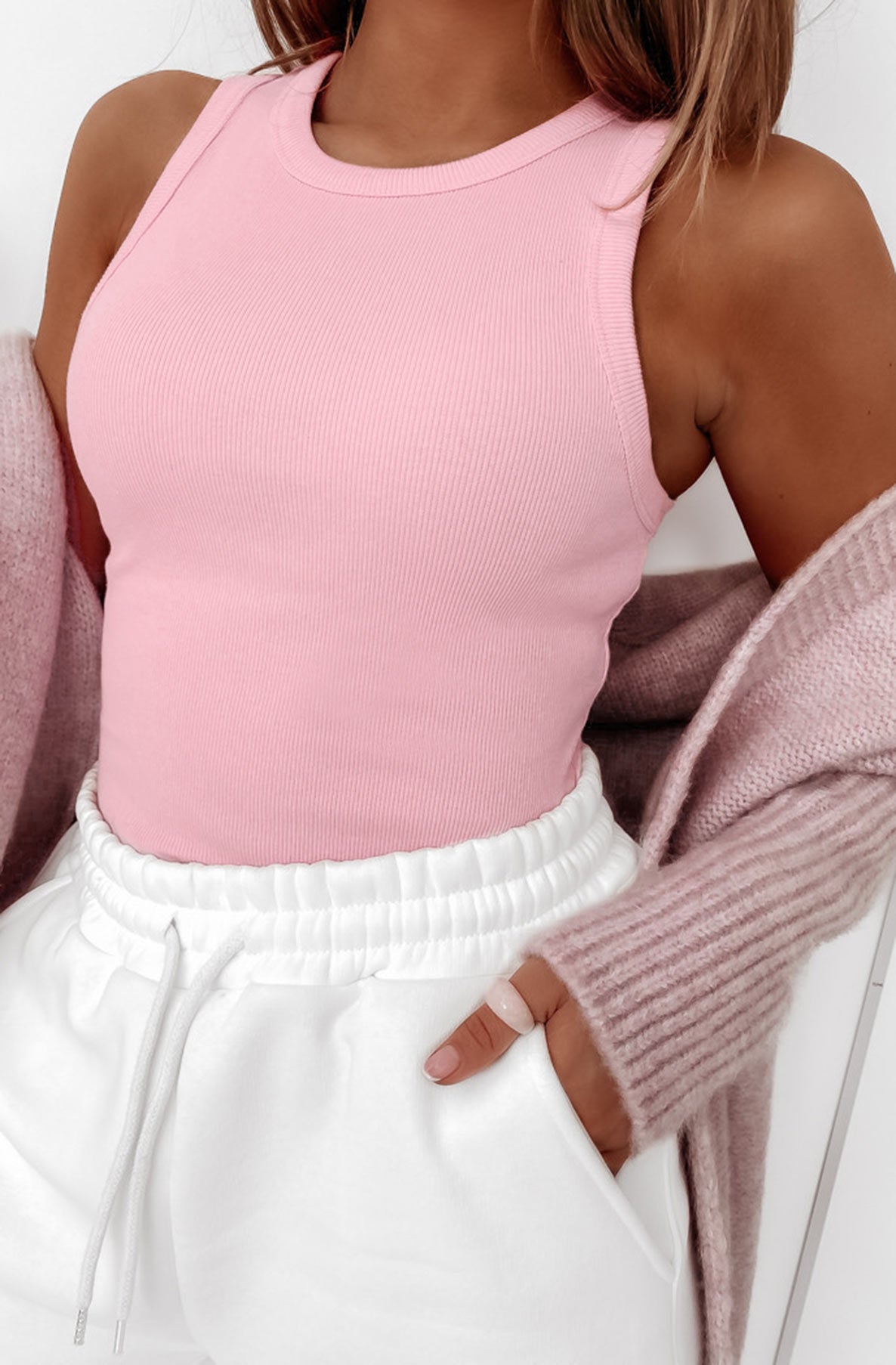 Abby Ribbed Vest Top-Baby Pink