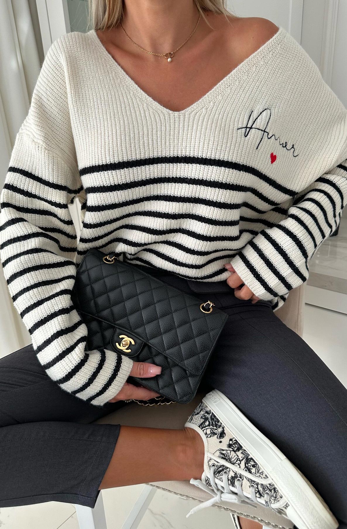 Alisa Striped 'AMOR' Knitted Jumper Sweater Top-Black