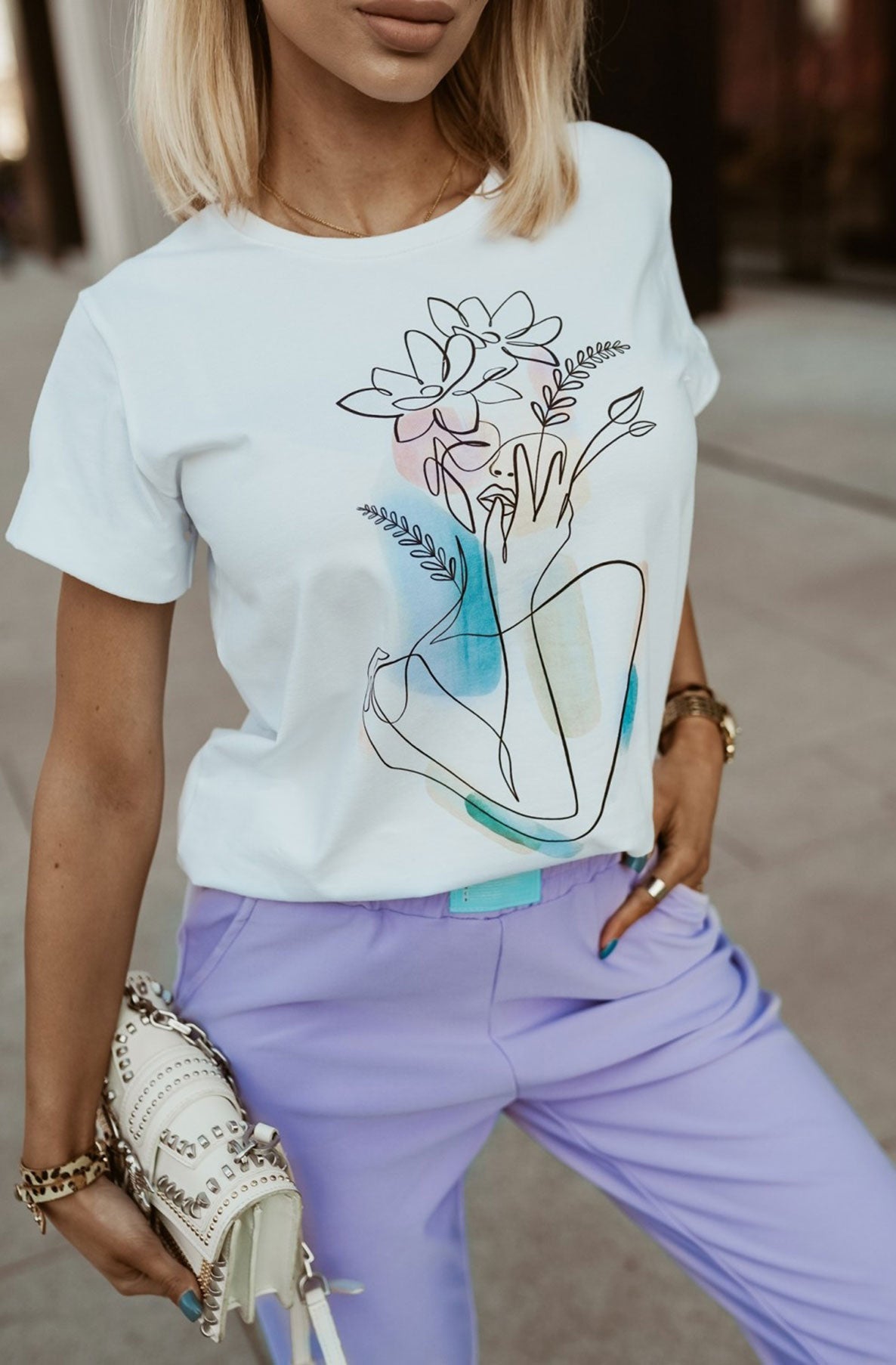 Averie Floral Abstract Print T-Shirt-Ivory