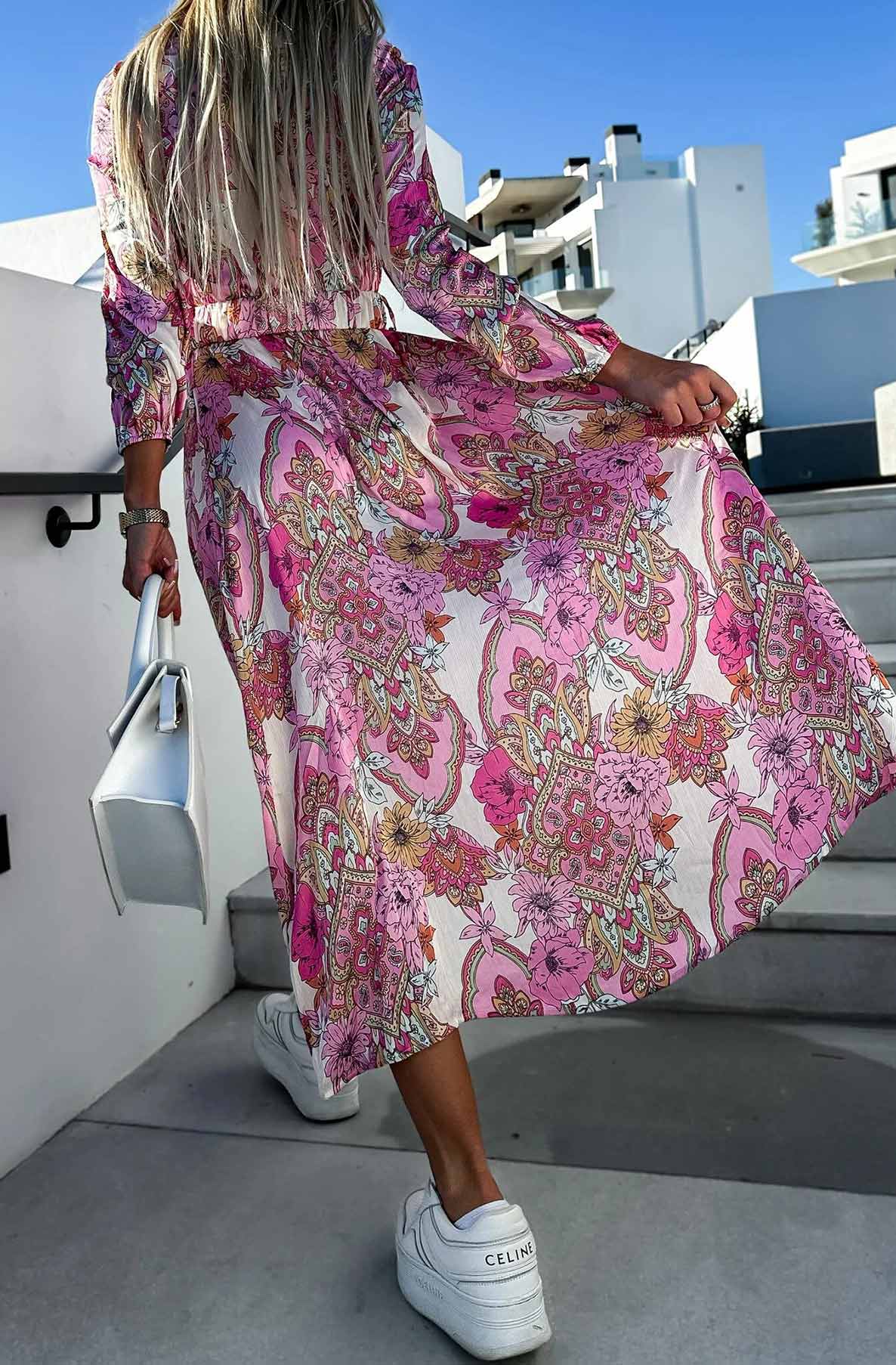 Ayana Floral Paisley Satin Maxi Dress-Pink