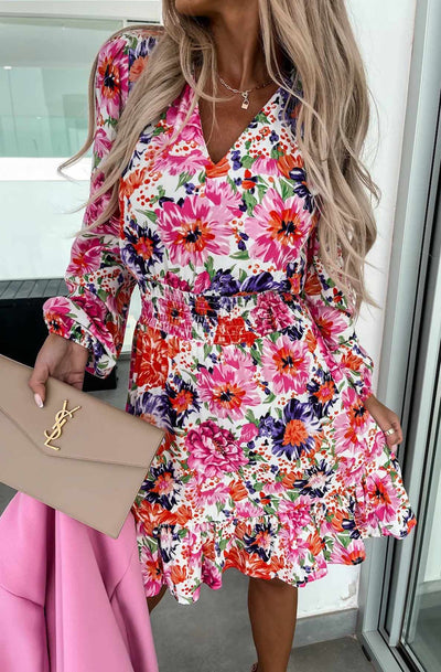 Briana Long Sleeves Floral Frill Dress-Pink