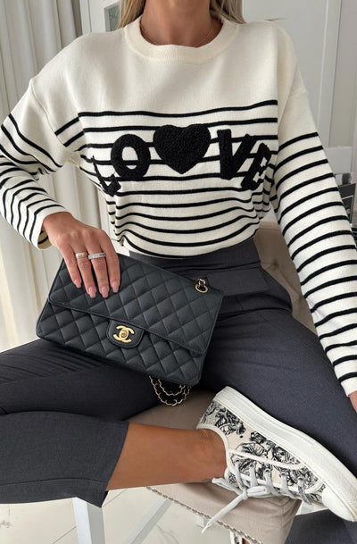 Bruna Striped 'LOVE' Knitted Jumper Sweater Top-Ivory