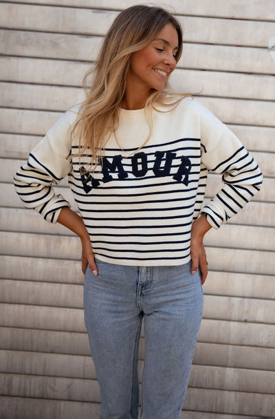 Bruna Striped 'AMOUR' Knitted Jumper Sweater Top-Ivory