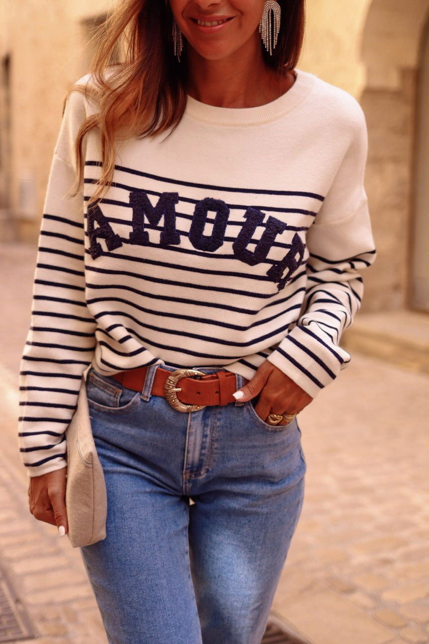 Bruna Striped 'AMOUR' Knitted Jumper Sweater Top-Ivory