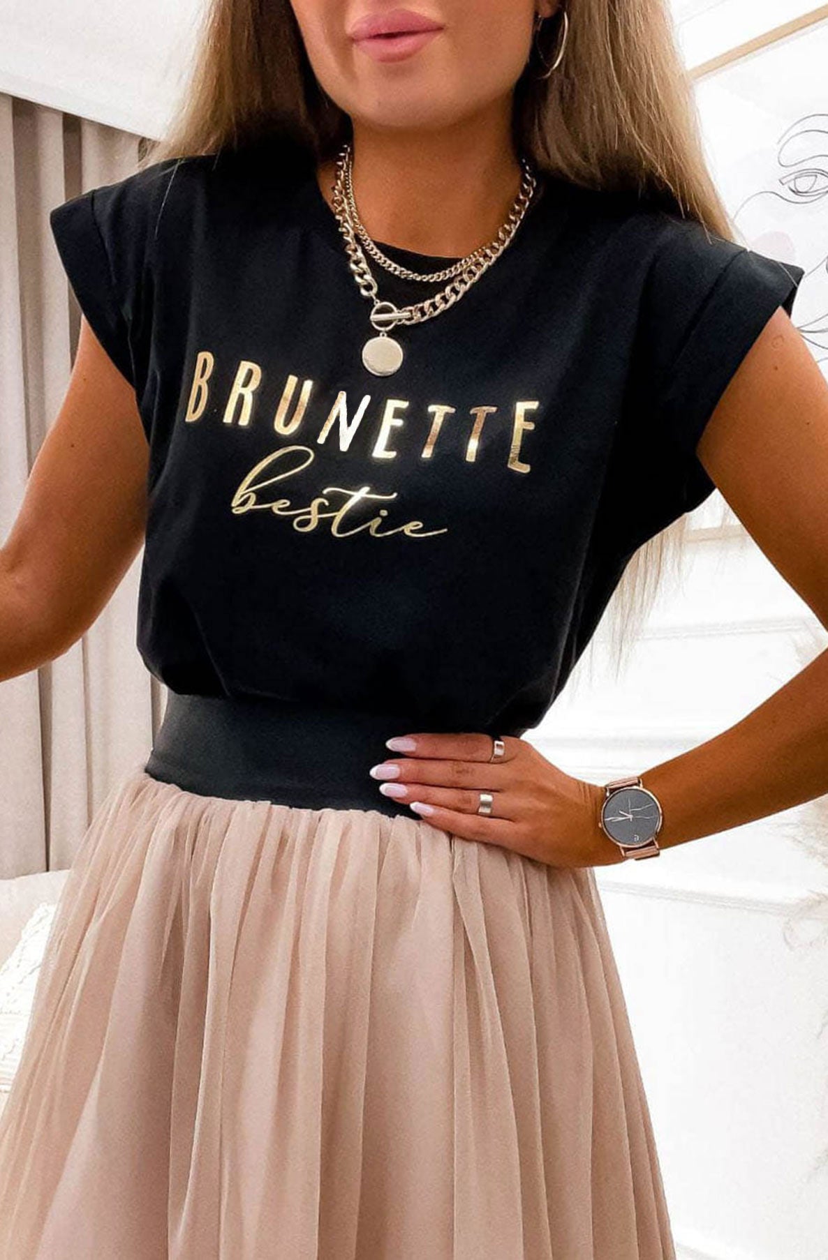 'Brunette Bestie' Metallic Gold Printed T-Shirt-Black