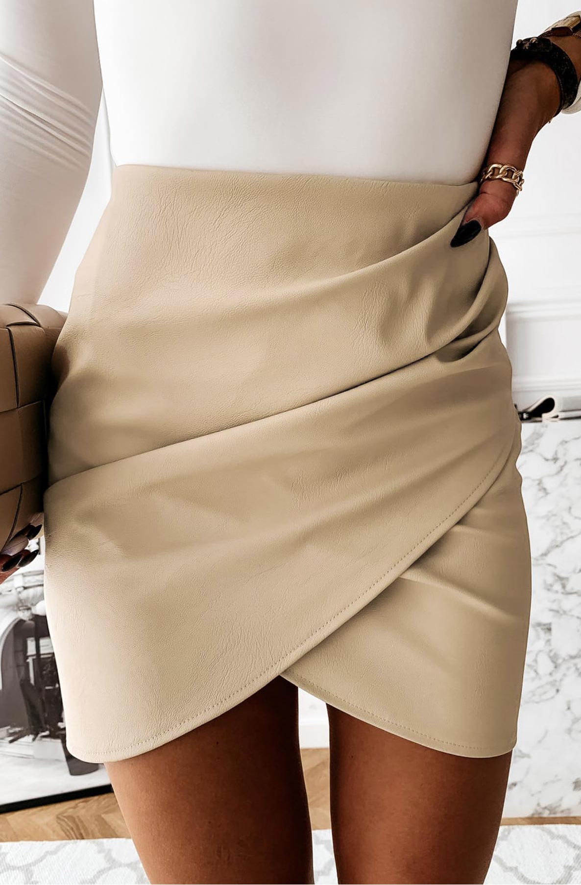 Chanel Faux Leather Bodycon Mini Skirt-Stone