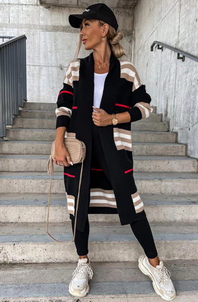 Christie Striped Longline Knitted Cardigan-Black