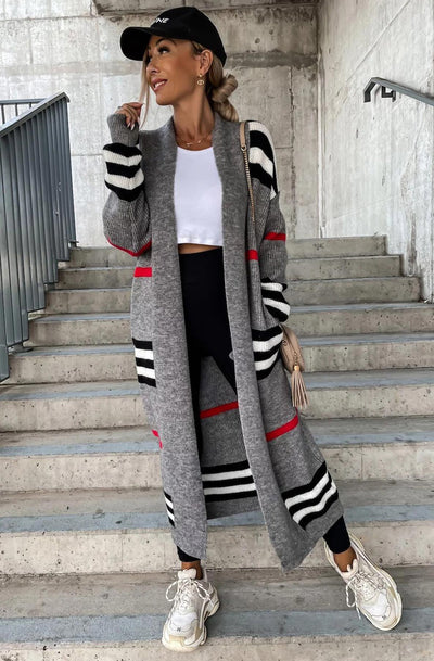 Christie Striped Longline Knitted Cardigan-Grey