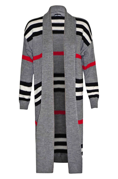 Christie Striped Longline Knitted Cardigan-Grey