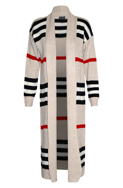 Christie Striped Longline Knitted Cardigan-Stone