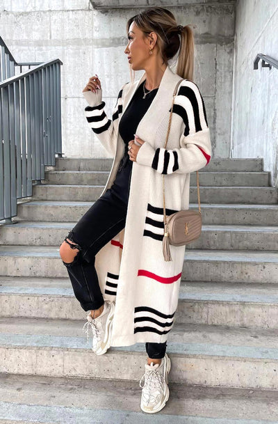 Christie Striped Longline Knitted Cardigan-Stone