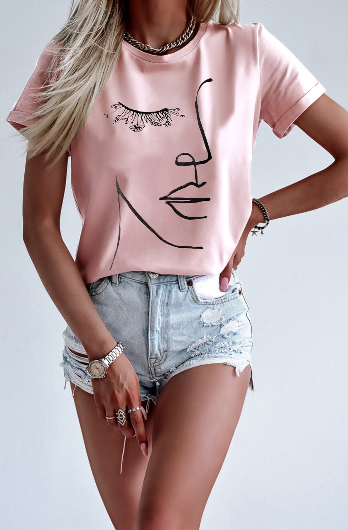Karina 'Face' Abstract Print T-Shirt-Pink