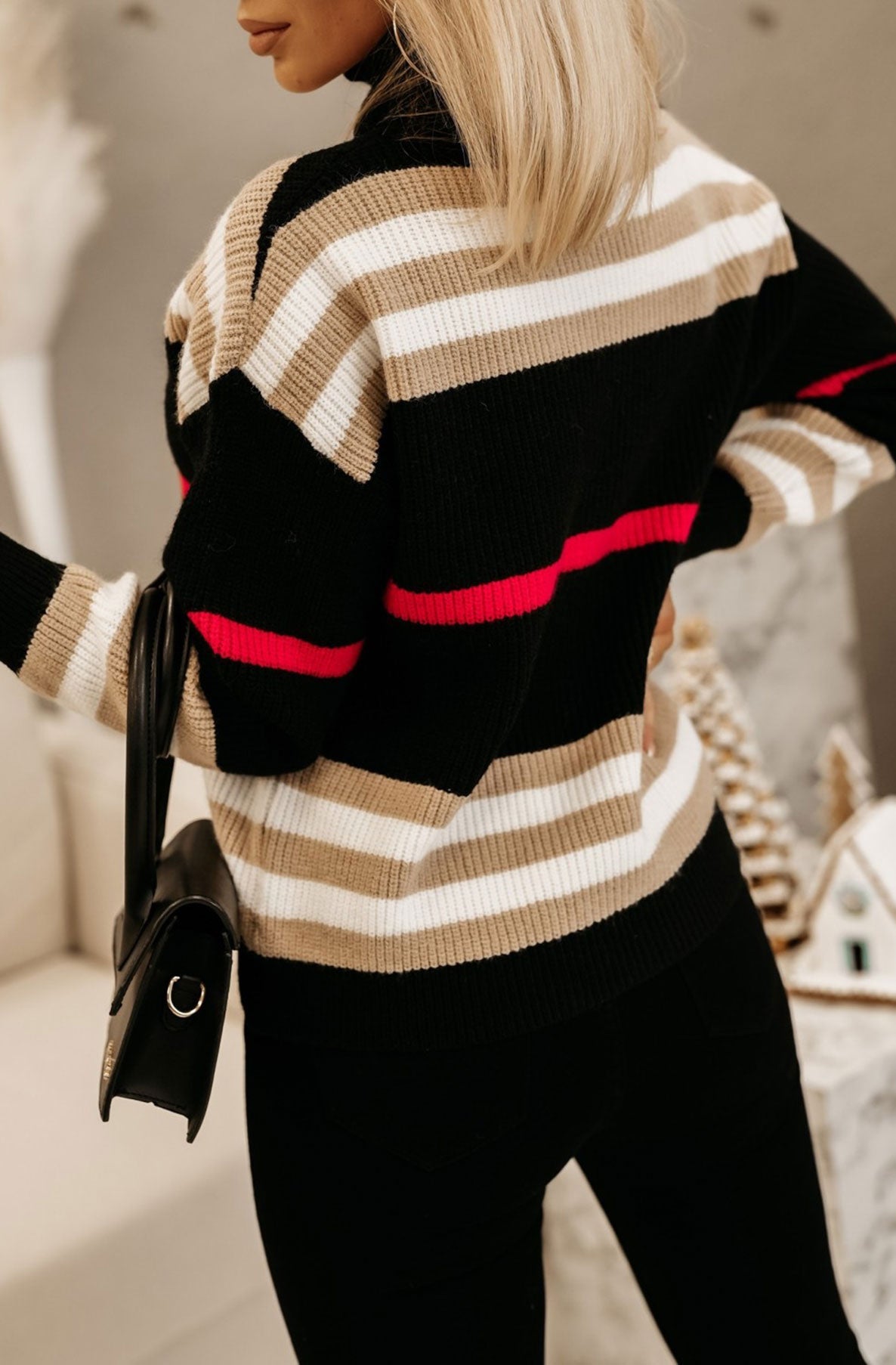 Kym Striped High Polo Neck Jumper Sweater Pullover Top-Black
