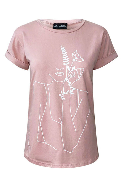 Lita Abstract Print T-Shirt-Dusty Pink