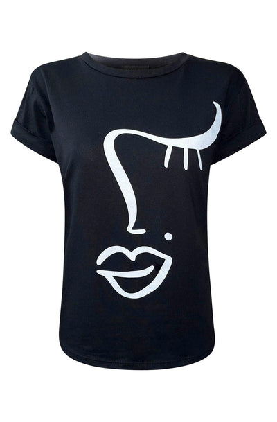 Madonna Face Abstract Print T-Shirt-Black