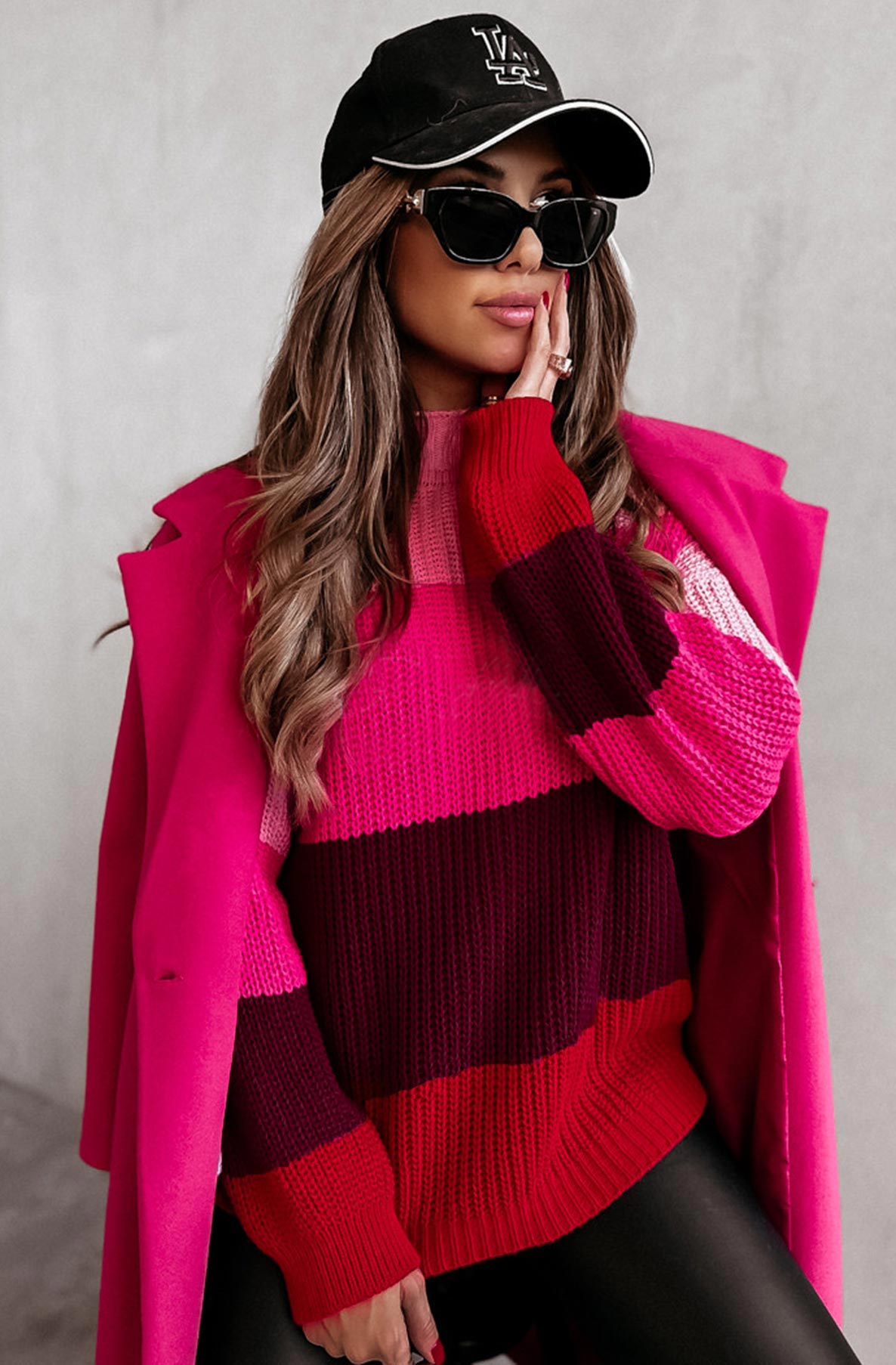 Magenta Colour Block Knitted Jumper Pullover Sweater Top
