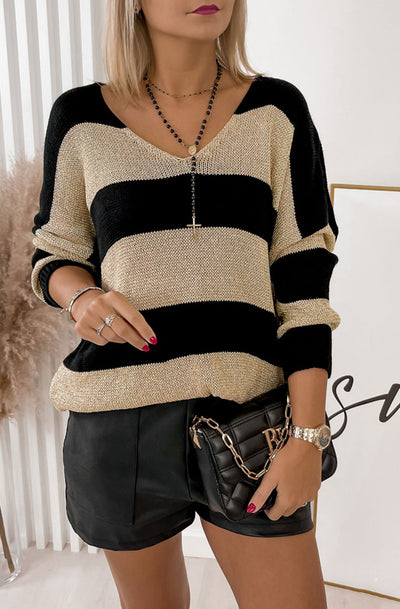 Nevaeh Shimmer Knitted Jumper Sweater Top-Black