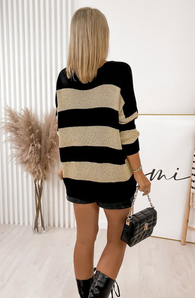 Nevaeh Shimmer Knitted Jumper Sweater Top-Black
