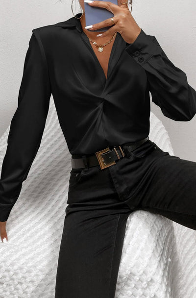 Rylana Front Twisted Knot Top Shirt Blouse-Black