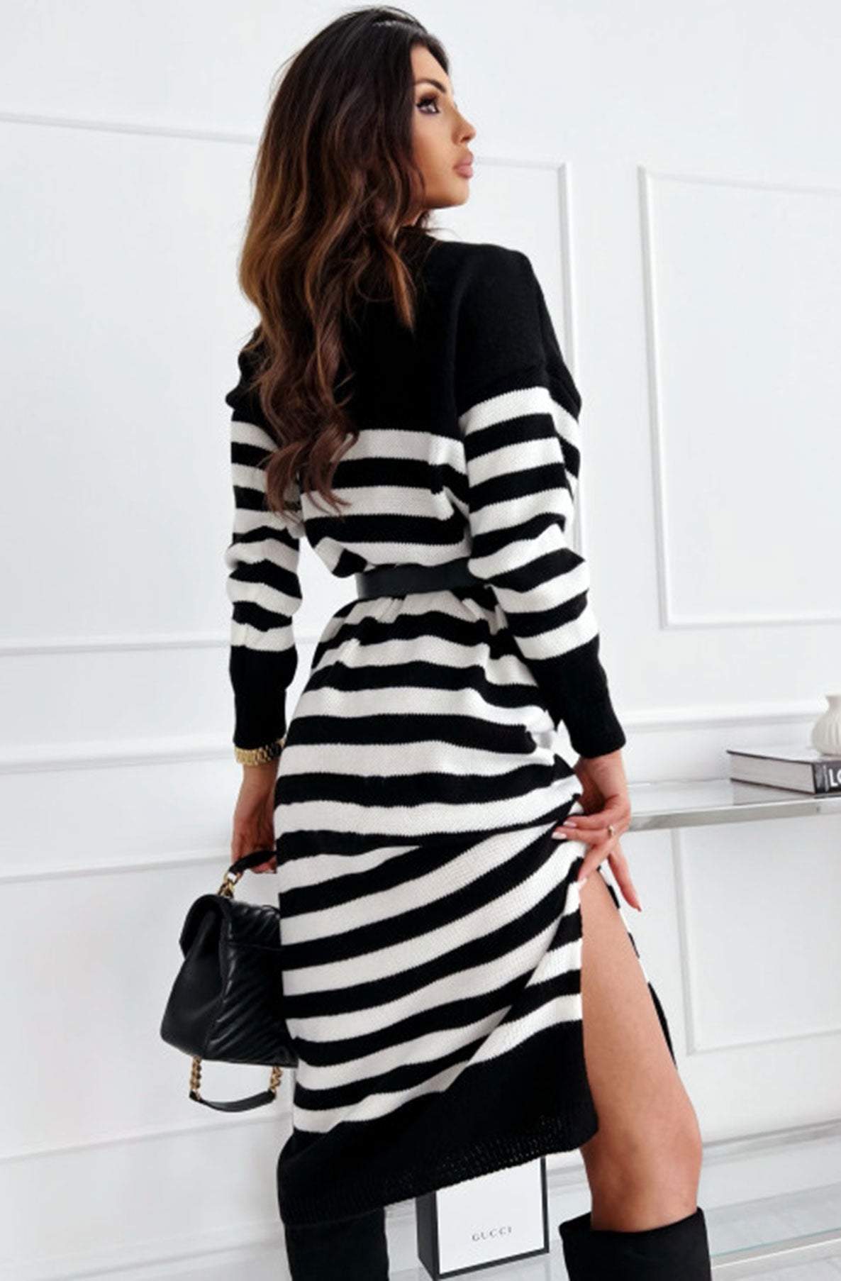 Shanna Striped Knitted Midi Sweater Dress-Black