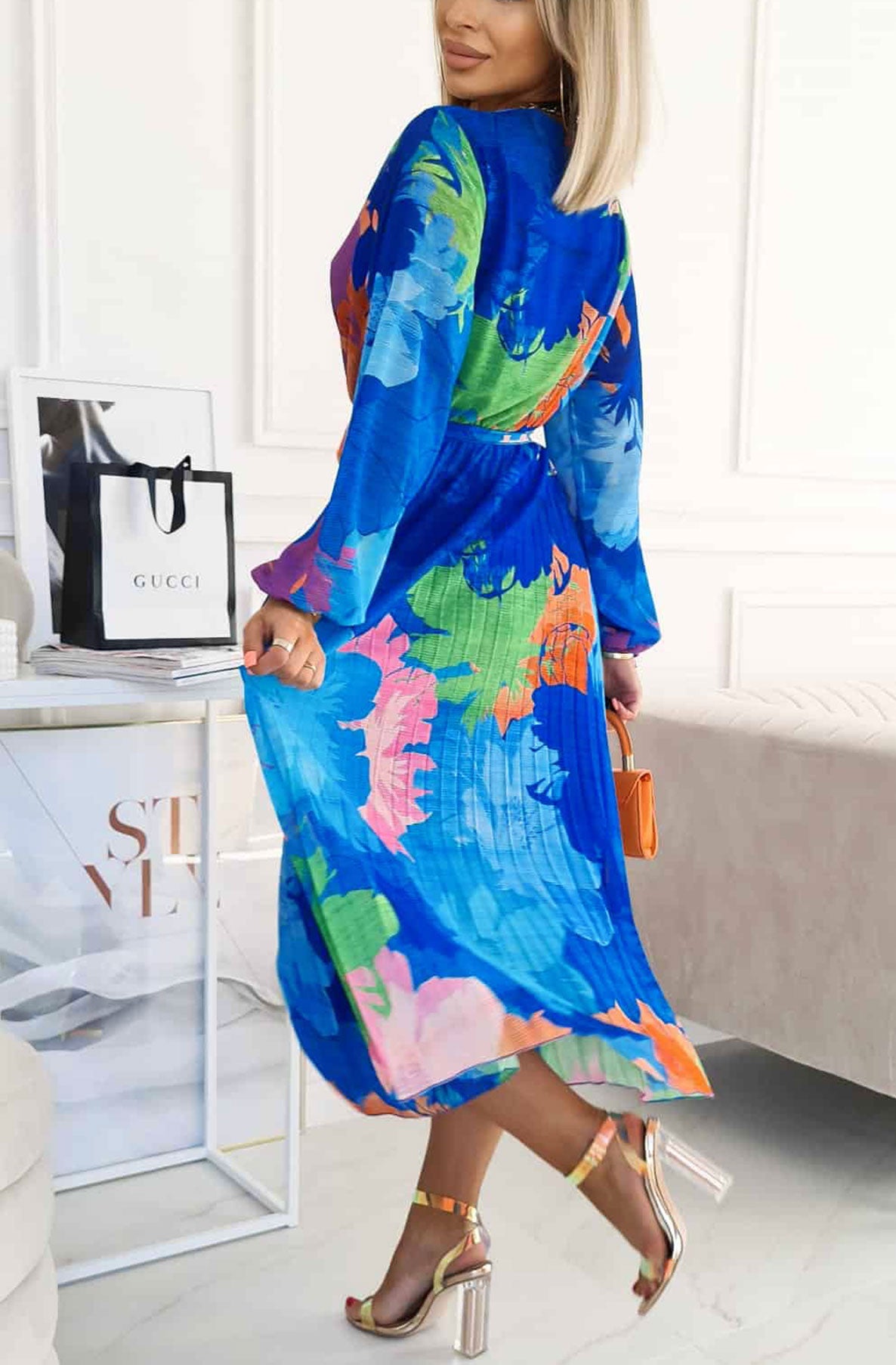 Sharon Floral Chiffon Pleated Maxi Dress-Royal Blue