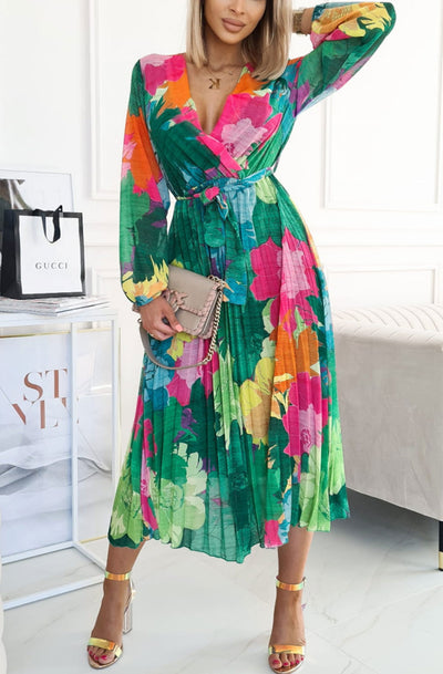Sharon Floral Chiffon Pleated Maxi Dress-Green