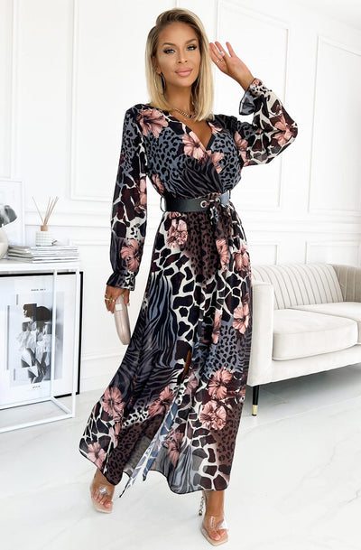 Thandie Animal Print Floral Chiffon Maxi Dress