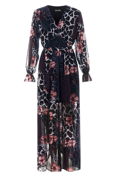 Thandie Animal Print Floral Chiffon Maxi Dress